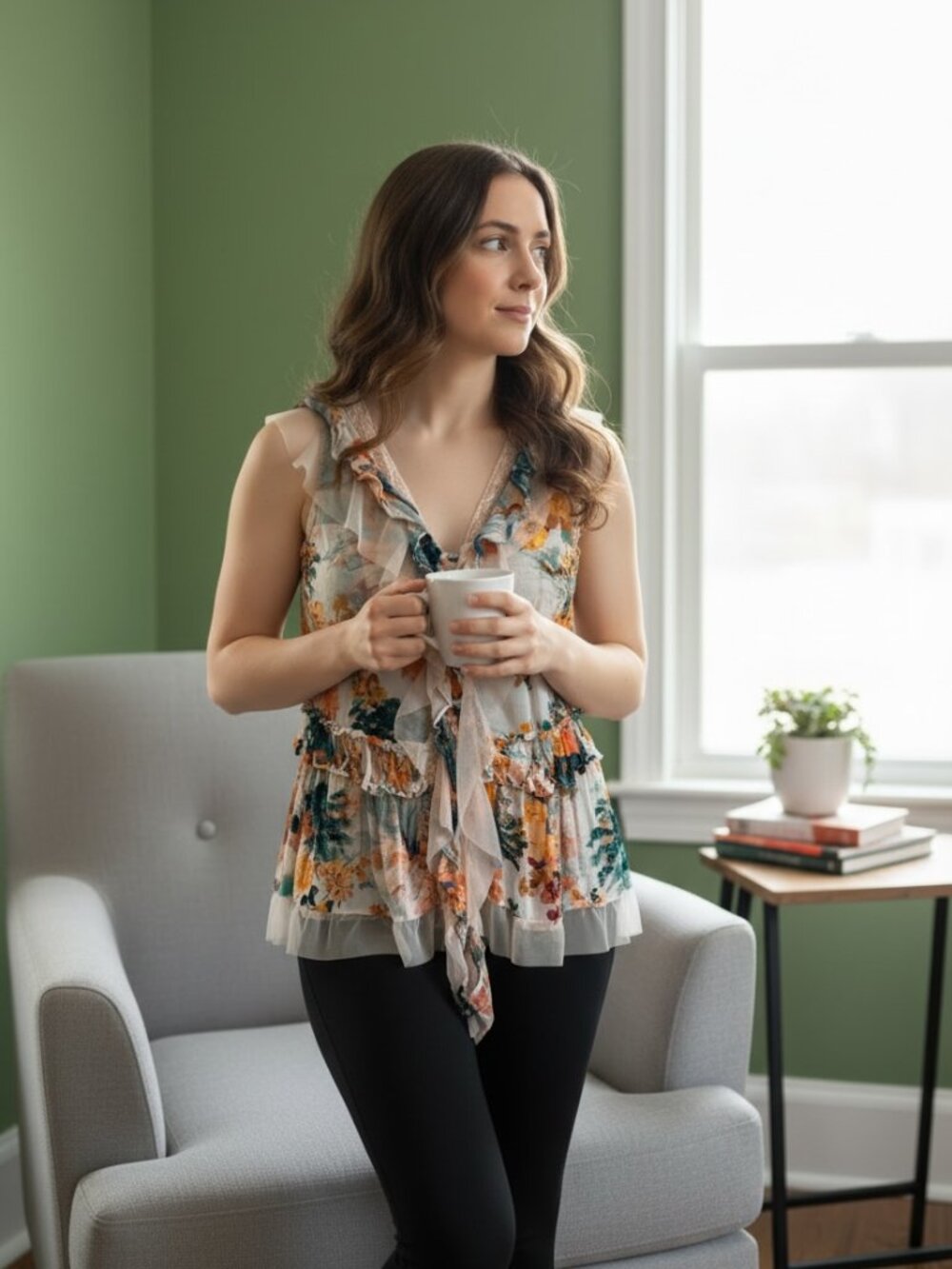 Anthropologie Sheer Floral Ruffle Sleeveless Top in White, Orange, Teal